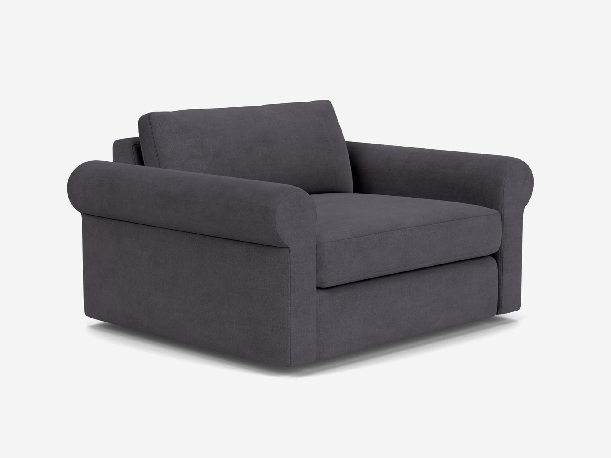 Grey wide armchair with roll arms front angle view